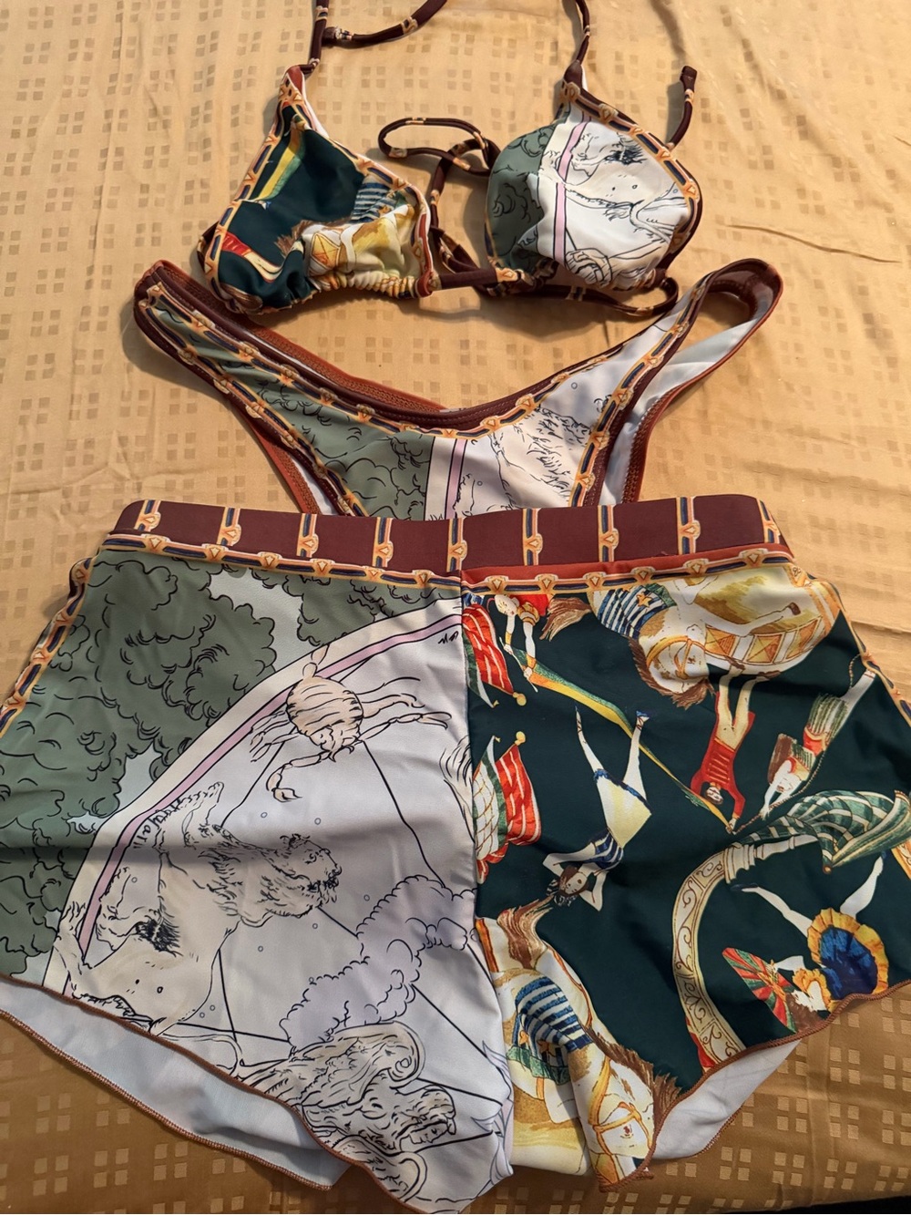 SHEIN Green Multi-Print Bandeau Bikini Set with High-Waist Shorts